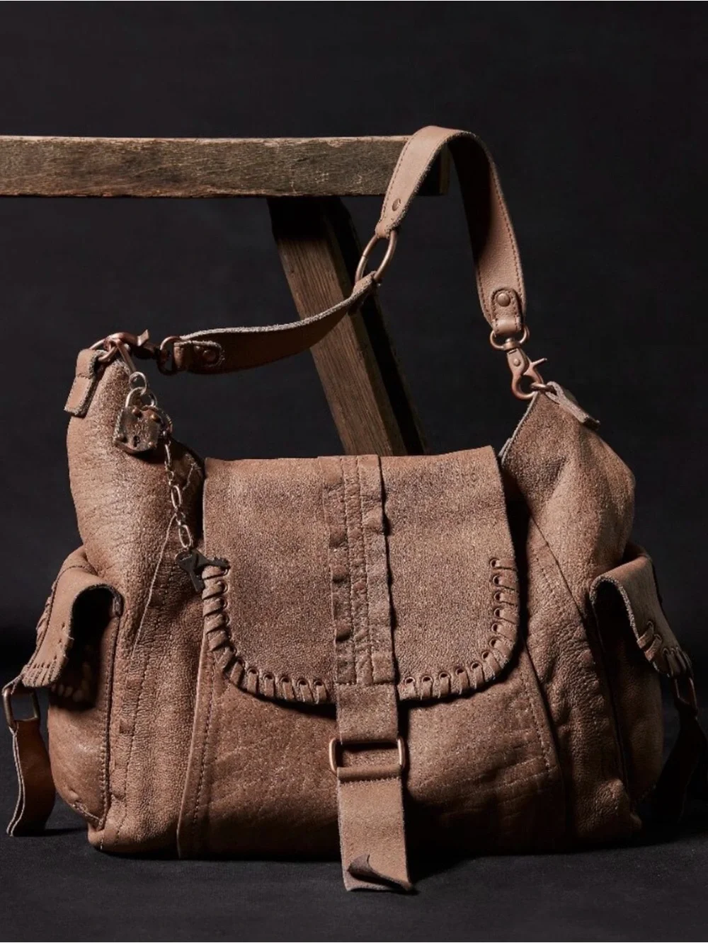 LIKE NEW We The Free Leigh Hobo Distressed Leather Tote in Saddle With Charms
